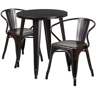 Emma and Oliver Commercial Grade 24" Round Blue Metal Indoor-Outdoor Table Set with 2 Arm Chairs