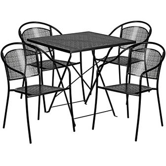 Emma and Oliver Commercial Grade 28" Square Gold Folding Patio Table Set-4 Round Back Chairs