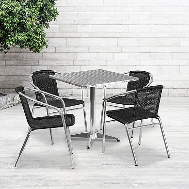 Emma and Oliver 27.5" Square Aluminum Table Set-4 Dark Brown Rattan Chairs