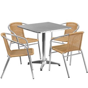 Emma and Oliver 27.5" Square Aluminum Table Set-4 Dark Brown Rattan Chairs
