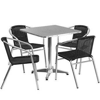 Emma and Oliver 27.5" Square Aluminum Table Set-4 Dark Brown Rattan Chairs