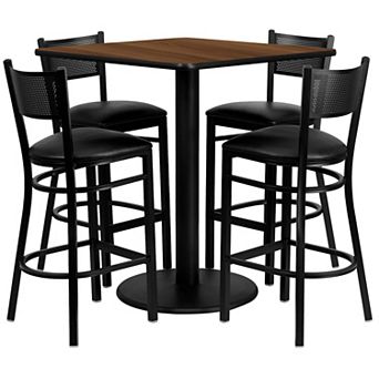 Emma and Oliver 36" Square Walnut Laminate Table Set, 4 Grid Back Metal Barstools