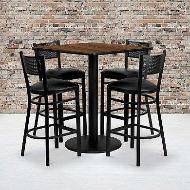 Emma and Oliver 36" Square Walnut Laminate Table Set, 4 Grid Back Metal Barstools