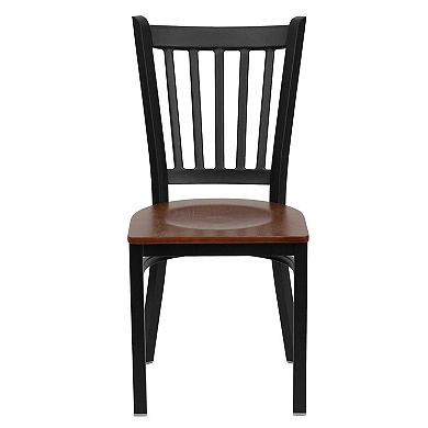 Emma and Oliver Black Vertical Back Metal Restaurant Chair - Walnut Wood Seat