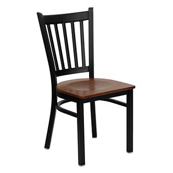 Emma and Oliver Black Vertical Back Metal Restaurant Chair - Walnut Wood Seat