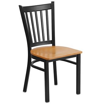 Emma and Oliver Black Vertical Back Metal Restaurant Chair - Walnut Wood Seat