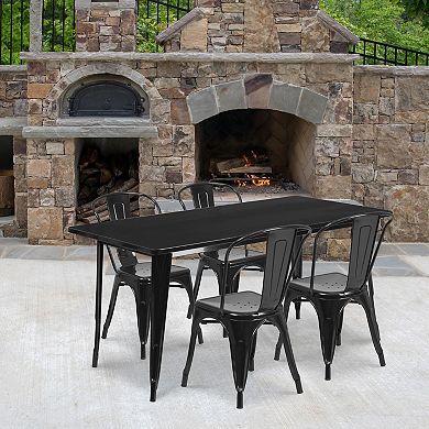 Emma and Oliver Commercial Grade Rectangular Red Metal Indoor-Outdoor Table Set-4 Stack Chairs