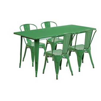 Emma and Oliver Commercial Grade Rectangular Green Metal Indoor-Outdoor Table Set-4 Stack Chairs