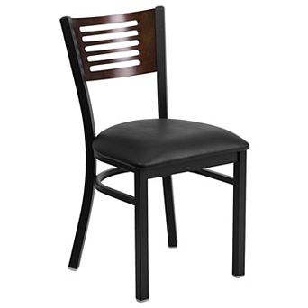 Emma and Oliver Black Slat Back Metal Dining Chair/Walnut Back, Black Vinyl Seat