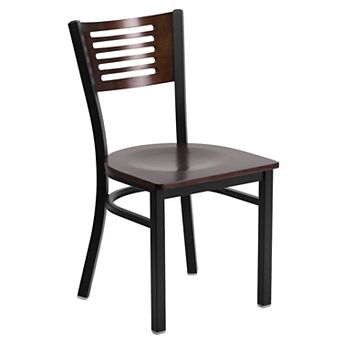 Emma and Oliver Black Slat Back Metal Dining Chair/Walnut Back, Black Vinyl Seat