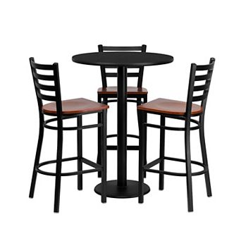 Emma and Oliver 30" Round Black Laminate Table Set, 3 Ladder Back Metal Barstools
