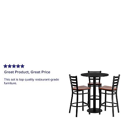Emma and Oliver 30" Round Black Laminate Table Set, 3 Ladder Back Metal Barstools
