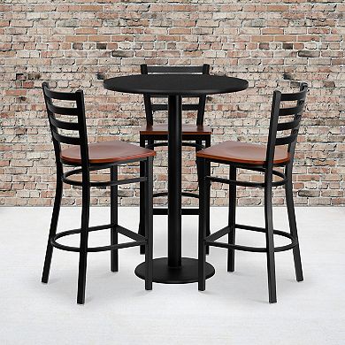 Emma and Oliver 30" Round Black Laminate Table Set, 3 Ladder Back Metal Barstools