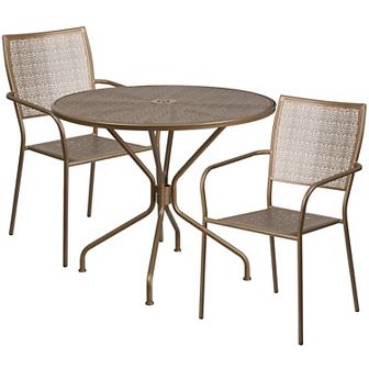 Emma and Oliver Commercial Grade 35.25" Round Gold Patio Table Set-2 Square Back Chairs