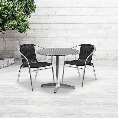 Emma and Oliver 31.5" Round Aluminum Table Set-2 Black Rattan Chairs