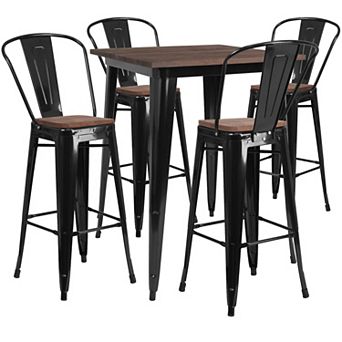 Emma and Oliver 31.5" Square Black Metal/Wood Bar Table Set - 4 Stools