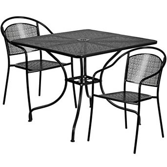 Emma and Oliver Commercial Grade 35.5" Square Black Patio Table Set-2 Round Back Chairs