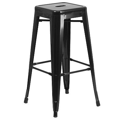 Emma and Oliver Commercial 30" Round Orange Metal Bar Table Set-2 Square Seat Backless Stools
