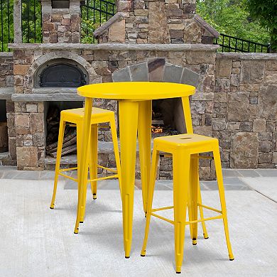 Emma and Oliver Commercial 30" Round Orange Metal Bar Table Set-2 Square Seat Backless Stools