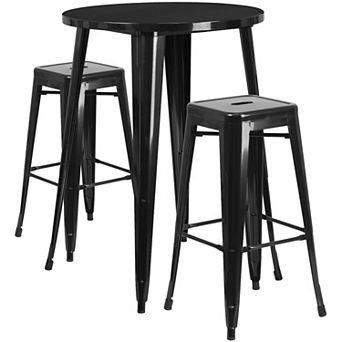 Emma and Oliver Commercial 30" Round Green Metal Bar Table Set-2 Square Seat Backless Stools