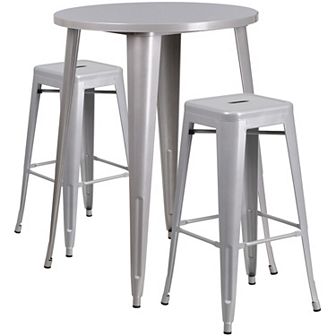 Emma and Oliver Commercial 30" Round Green Metal Bar Table Set-2 Square Seat Backless Stools