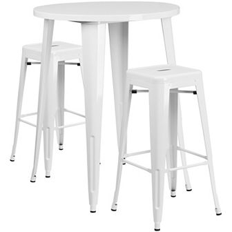 Emma and Oliver Commercial 30" Round Green Metal Bar Table Set-2 Square Seat Backless Stools