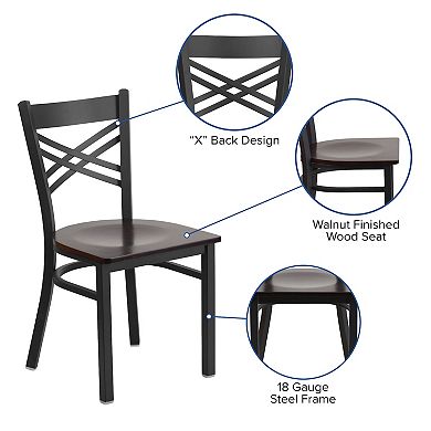 Emma and Oliver Black "X" Back Metal Restaurant Chair - Walnut Wood Seat