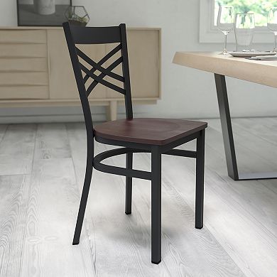 Emma and Oliver Black "X" Back Metal Restaurant Chair - Walnut Wood Seat
