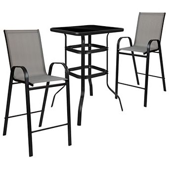 Emma and Oliver 3 pc Outdoor Bar Height Set-Glass Patio Bar Table-Gray All-Weather Barstools