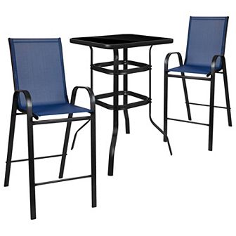 Emma and Oliver 3 pc Outdoor Bar Height Set-Glass Patio Bar Table-Gray All-Weather Barstools