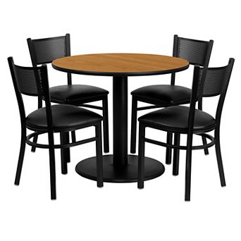 Emma and Oliver 36" Round Natural Laminate Table Set, 4 Grid Back Metal Chairs