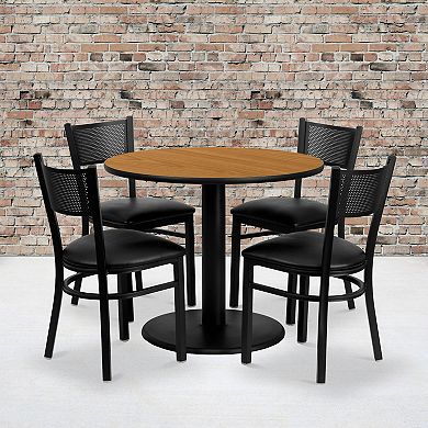 Emma and Oliver 36" Round Natural Laminate Table Set, 4 Grid Back Metal Chairs