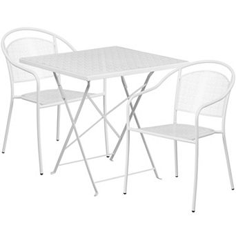 Emma and Oliver Commercial Grade 28" Square White Folding Patio Table Set-2 Round Back Chairs