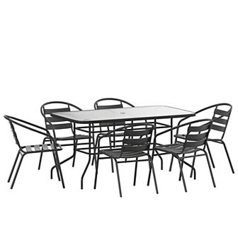 Emma and Oliver 7 pc Patio Table & Chairs Set with 31.5"x55" Rectangular Metal Table with Tempered Glass Top and 6 Black Aluminum Stacking Chairs