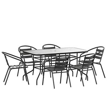 Emma and Oliver 7 pc Patio Table & Chairs Set with 31.5"x55" Rectangular Metal Table with Tempered Glass Top and 6 Black Aluminum Stacking Chairs