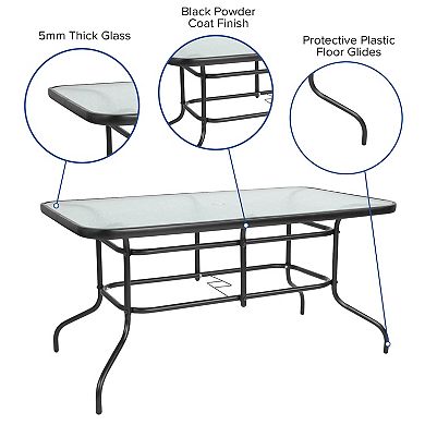 Emma and Oliver 7 Piece Patio Table & Chairs Set with 31.5"x55" Rectangular Metal Table with Tempered Glass Top and 6 Black Aluminum Stacking Chairs