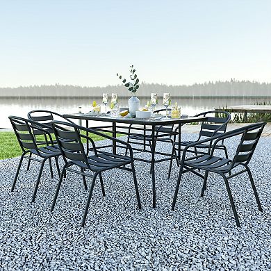 Emma and Oliver 7 Piece Patio Table & Chairs Set with 31.5"x55" Rectangular Metal Table with Tempered Glass Top and 6 Black Aluminum Stacking Chairs