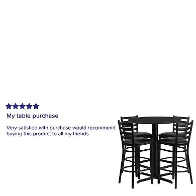 Emma and Oliver 30RD Mahogany Table Set-X-Base & 4 Ladder Back Stools,Black Seat