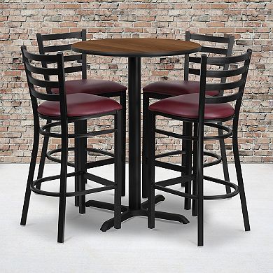 Emma and Oliver 30RD Mahogany Table Set-X-Base & 4 Ladder Back Stools,Black Seat