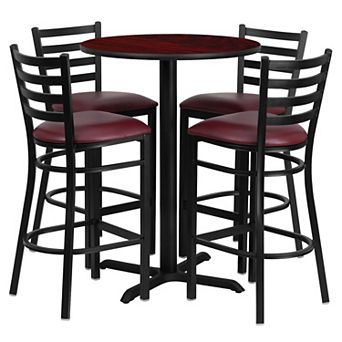 Emma and Oliver 30RD Walnut Table Set-X-Base & 4 Ladder Back Stools,Burgundy Seat