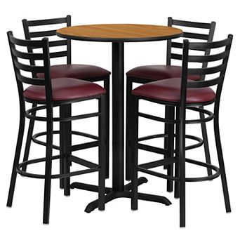 Emma and Oliver 30RD Walnut Table Set-X-Base & 4 Ladder Back Stools,Burgundy Seat