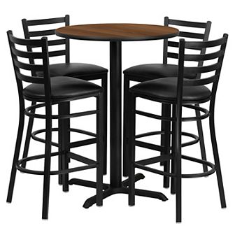 Emma and Oliver 30RD Walnut Table Set-X-Base & 4 Ladder Back Stools,Burgundy Seat