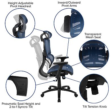 Emma and Oliver Ergonomic Blue Mesh Office Chair-Synchro-Tilt, Headrest, Adjustable Pivot Arms