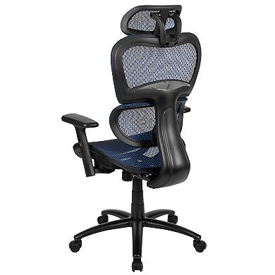 Emma and Oliver Ergonomic Blue Mesh Office Chair-Synchro-Tilt, Headrest, Adjustable Pivot Arms