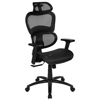 Emma and Oliver Ergonomic Blue Mesh Office Chair-Synchro-Tilt, Headrest, Adjustable Pivot Arms