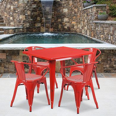 Emma and Oliver Commercial Grade 31.5" Square Green Metal Indoor-Outdoor Table Set-4 Arm Chairs