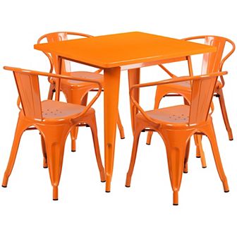 Emma and Oliver Commercial Grade 31.5" Square Green Metal Indoor-Outdoor Table Set-4 Arm Chairs