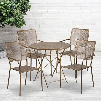 Emma and Oliver Commercial Grade 30" Round White Folding Patio Table Set-4 Square Back Chairs