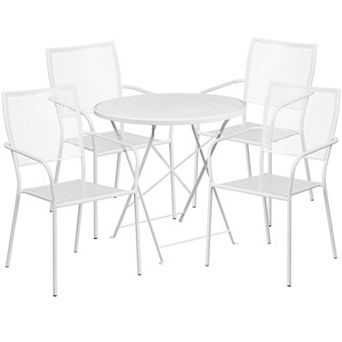 Emma and Oliver Commercial Grade 30" Round White Folding Patio Table Set-4 Square Back Chairs
