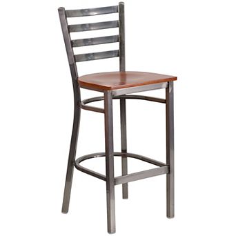 Emma and Oliver Clear Coated Metal Ladder Back Barstool, Natural Wood Seat